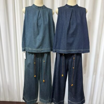 牛仔无袖上衣阔腿裤套装 Denim Sleeveless Top & Wide-Leg Pants Set