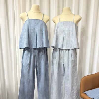 细条纹吊带上衣阔腿裤套装 Striped Camisole Top & Wide-Leg Pants Set