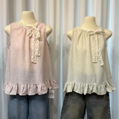 蕾丝系带荷叶边无袖上衣 Lace Tie Ruffle Sleeveless Top