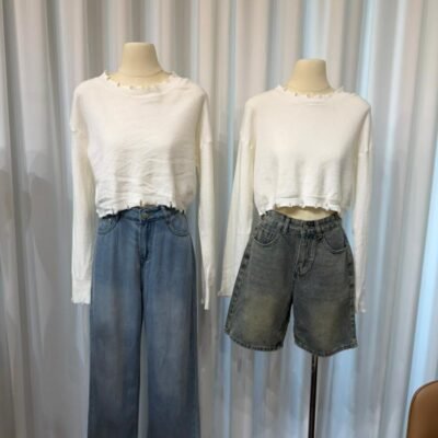 毛边短版长袖上衣 Raw Hem Cropped Long Sleeve Top