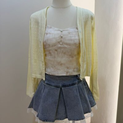 牛仔蕾丝拼接百褶短裙 Denim Lace Pleated Mini Skirt