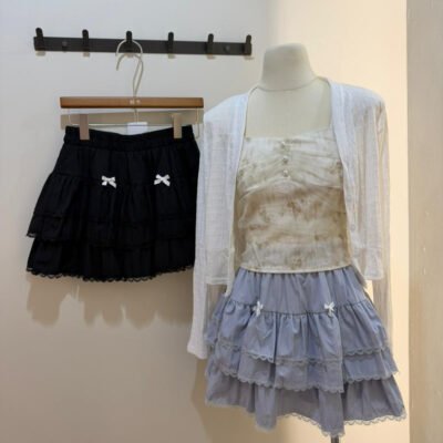 蝴蝶结荷叶边蛋糕短裙 Bow Ruffle Tiered Mini Skirt