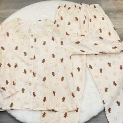 Lace Round Neck Bear Lounge Set Long Sleeve - 蕾丝圆领熊熊居家服（长）