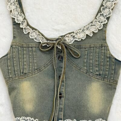 Denim Lace Tank Top - 牛仔蕾丝背心