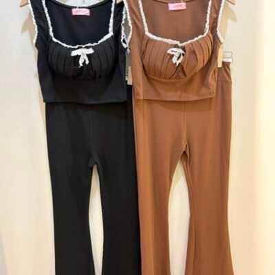 Square Neck Lace Camisole Set - 方领蕾丝背心套装